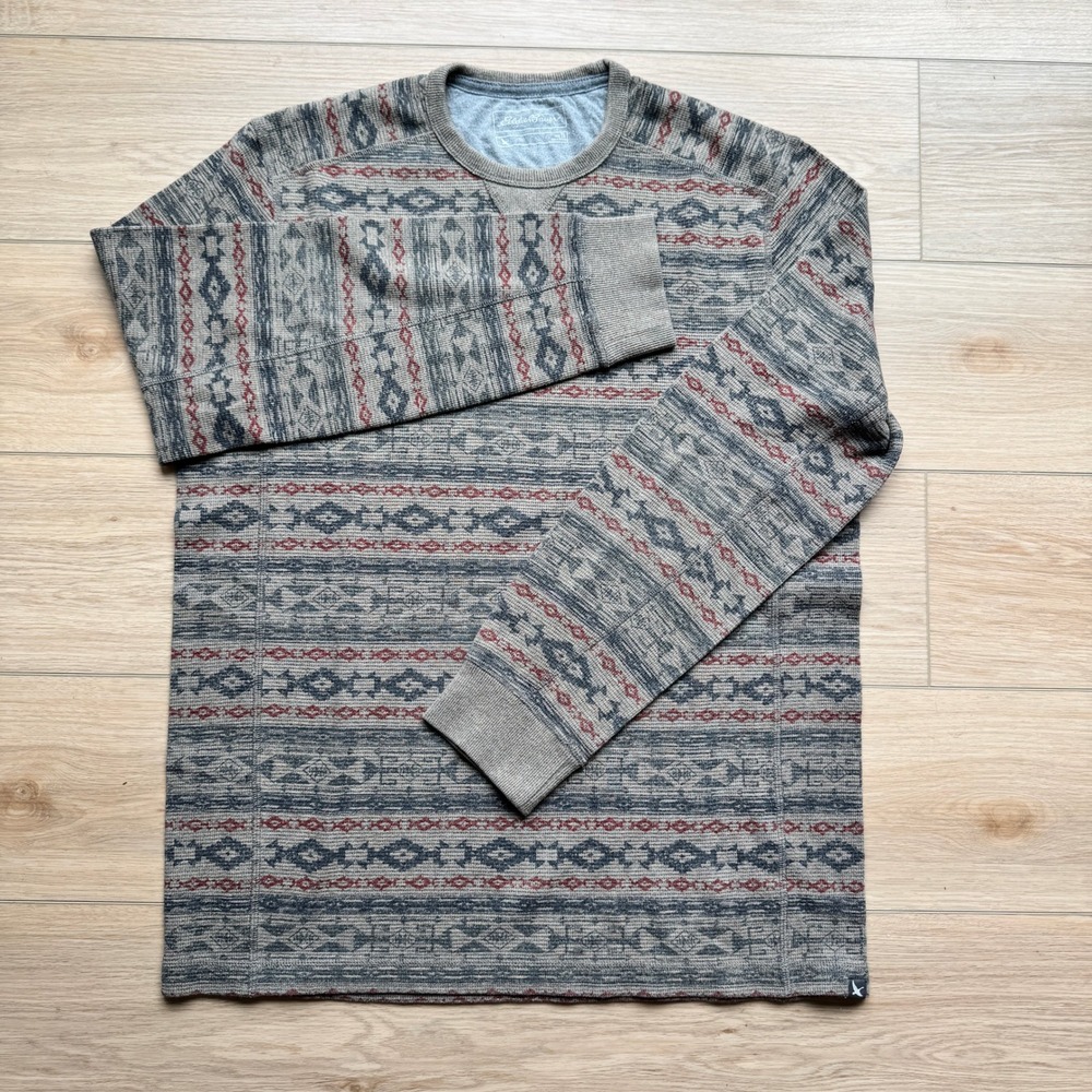Eddie Bauer Mens Tall Southwestern Geometric Waffle Knit Thermal Shirt Grey TL